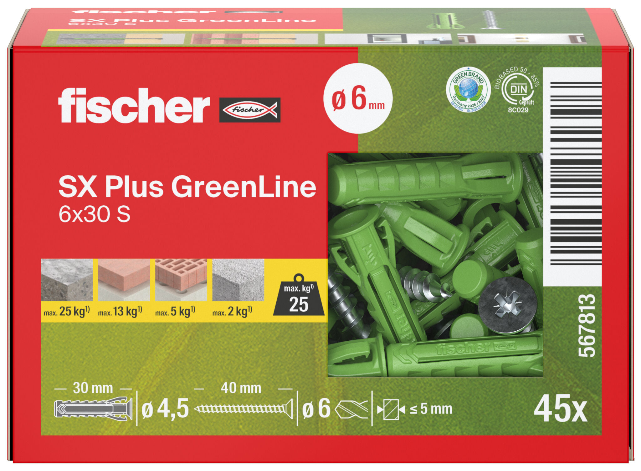 fischer expansion plug SX Plus GreenLine 6 x 30 S with screw